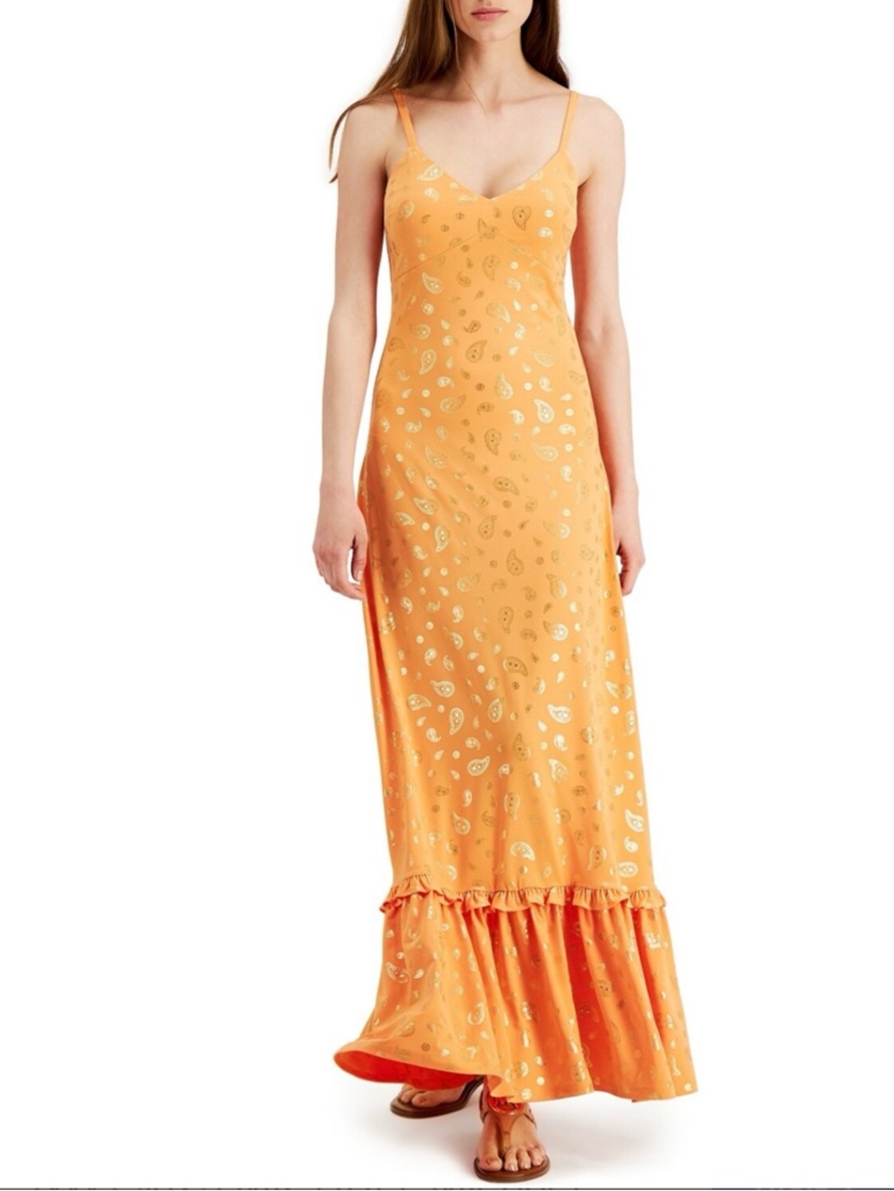 Michael Kors Orange Paisley Maxi Dress with Gold Foil XS